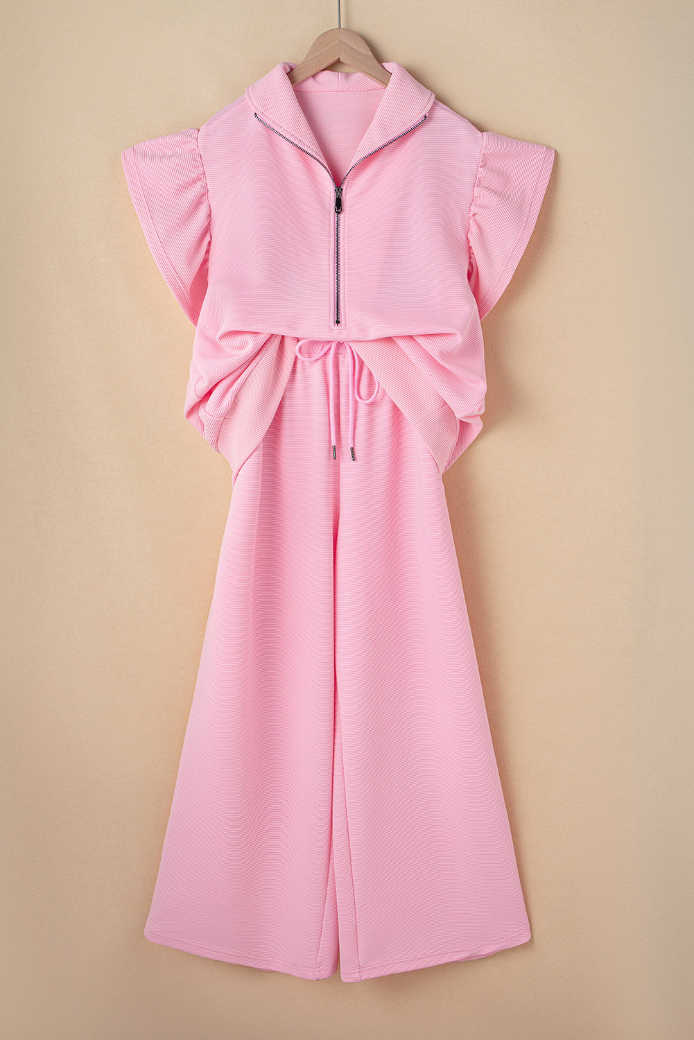 Pink Textured Flutter Sleeve Zipped Top and Wide Leg Capris Set