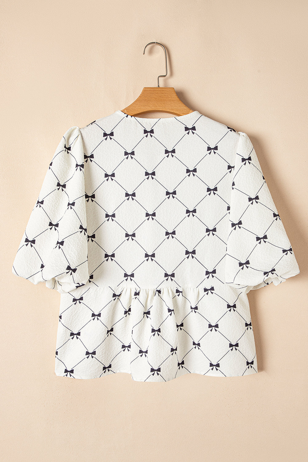 White Bow Print Front Tie Bubble Half Sleeve Blouse