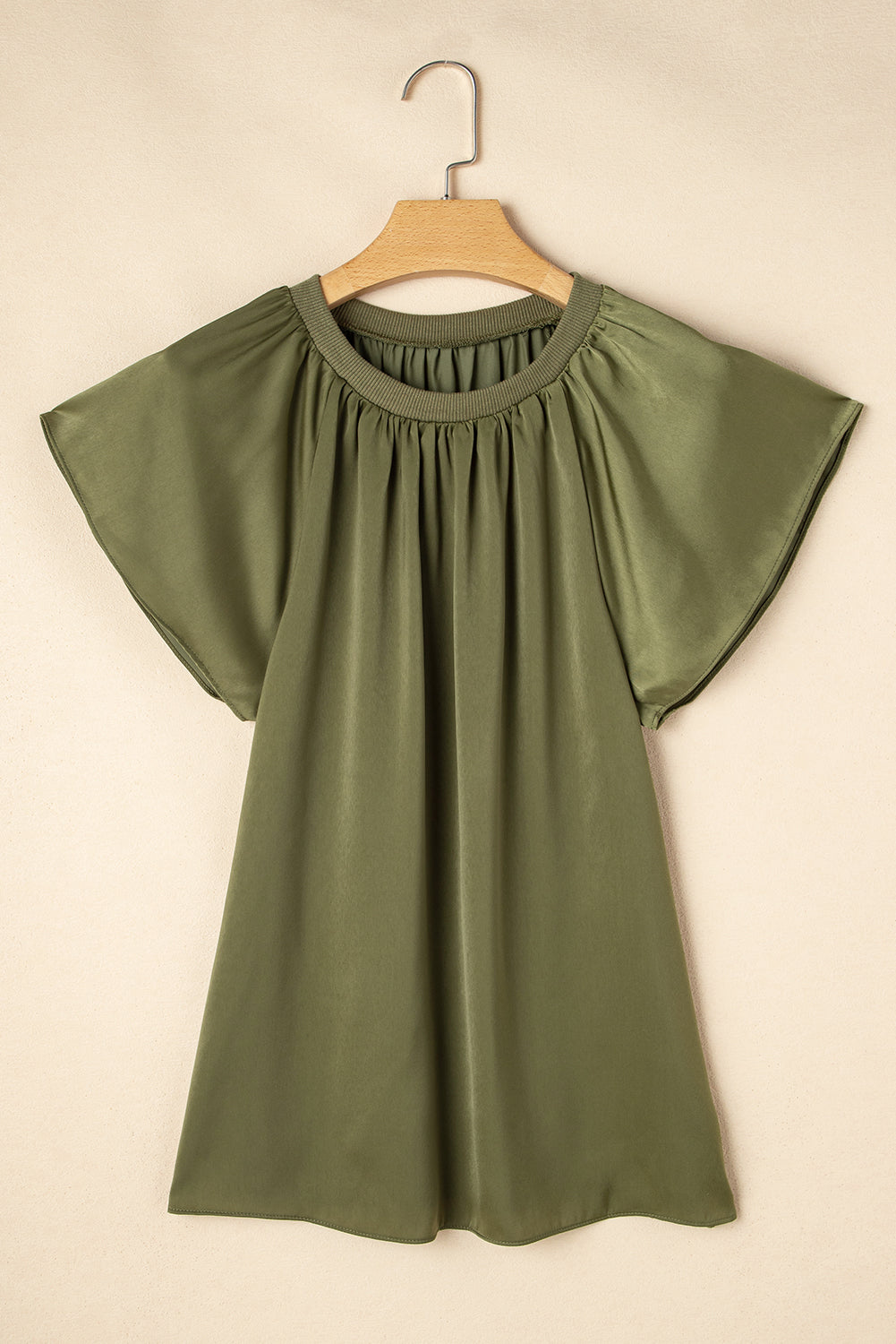 Green Pleated Flutter Sleeve Satin Top
