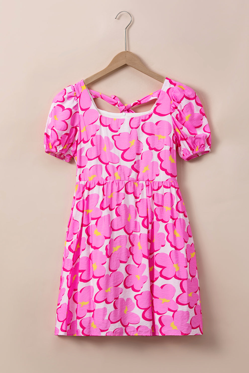 Rose Big Flower Square Neck Puff Short Sleeve Dress