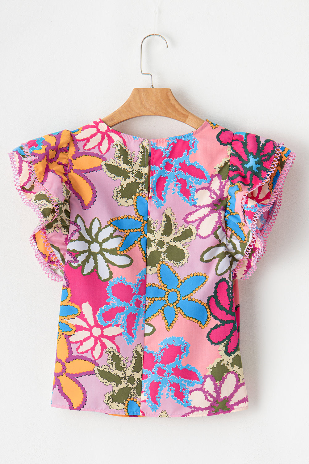 Vibrant Floral Print Trimmed Ruffle Sleeve Blouse