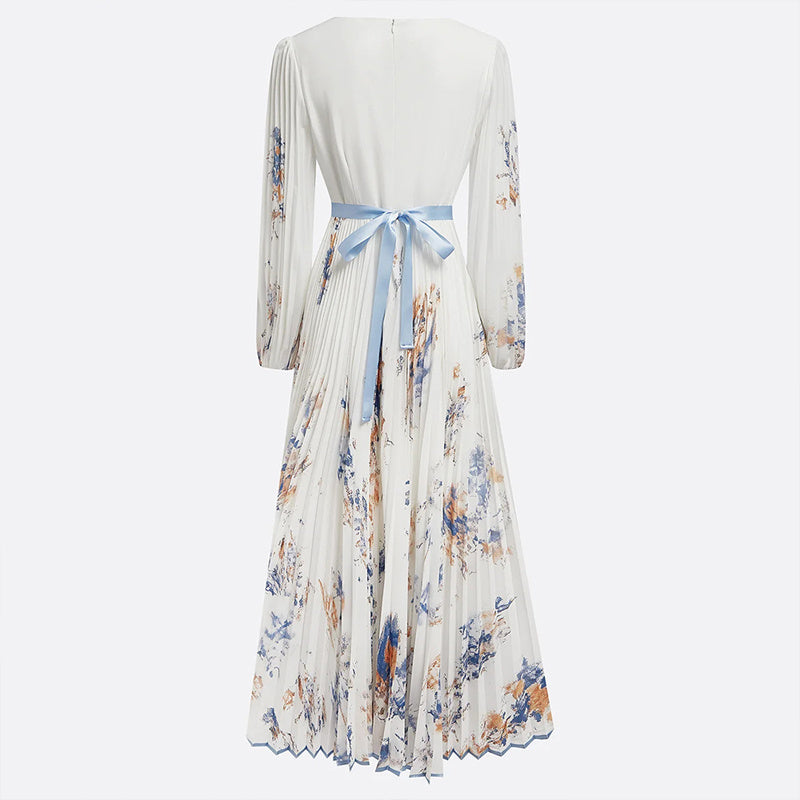 Blue Floral V-Neck Long Sleeve Maxi Dress