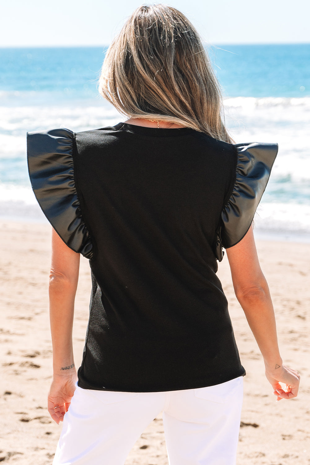 Black Leather Ruffle Sleeve Blouse