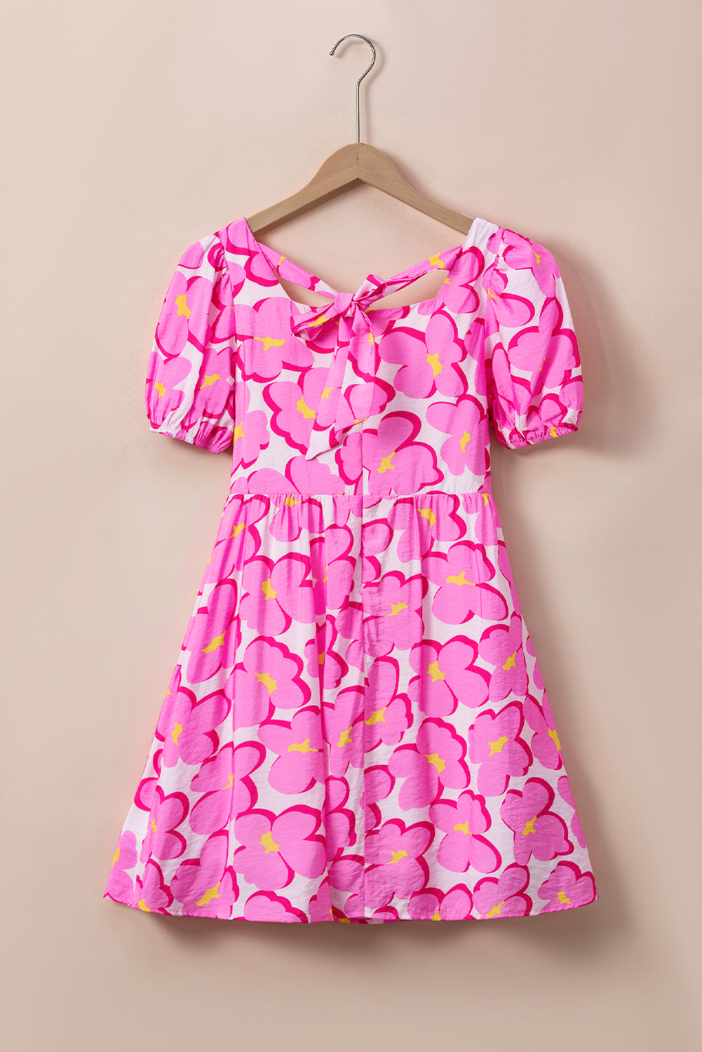 Rose Big Flower Square Neck Puff Short Sleeve Dress