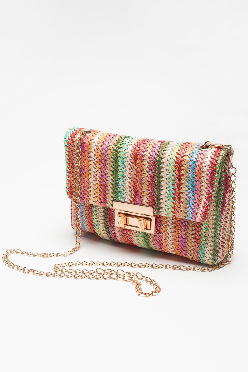 Rainbow Stripe Bohemian Woven Gold Chain Shoulder Bag