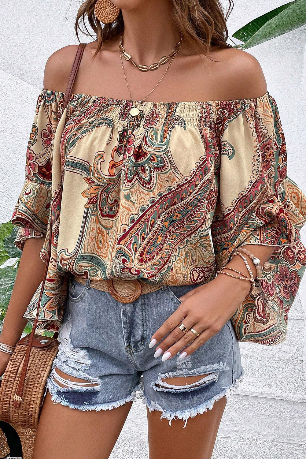 Apricot Paisley Off Shoulder Ruffled Blouse