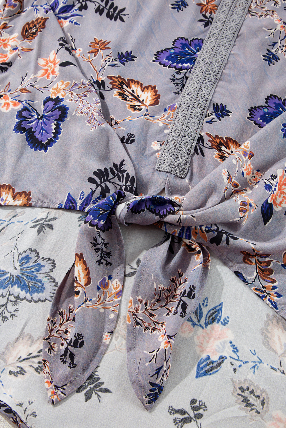 Blue Floral Lace Patchwork Knot Front V Neck Blouse