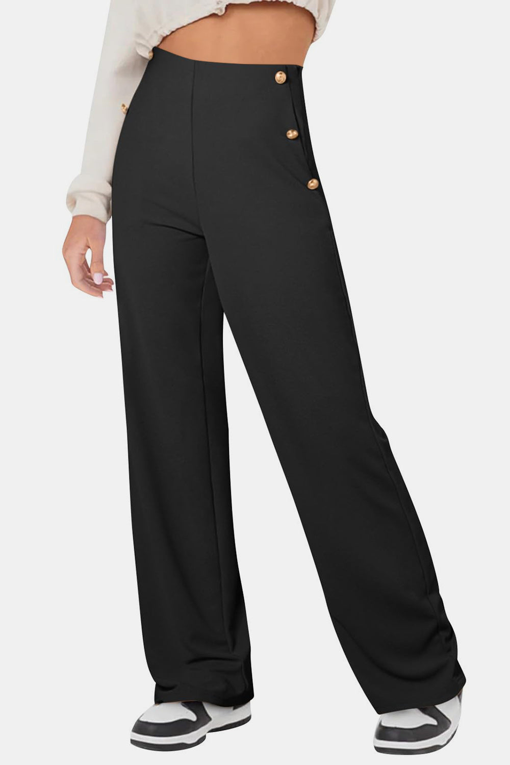 Decorative Side Button High Rise Pants