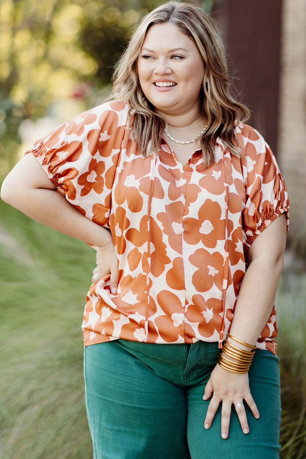 Orange Big Flower V Neck Short Sleeve Blouse