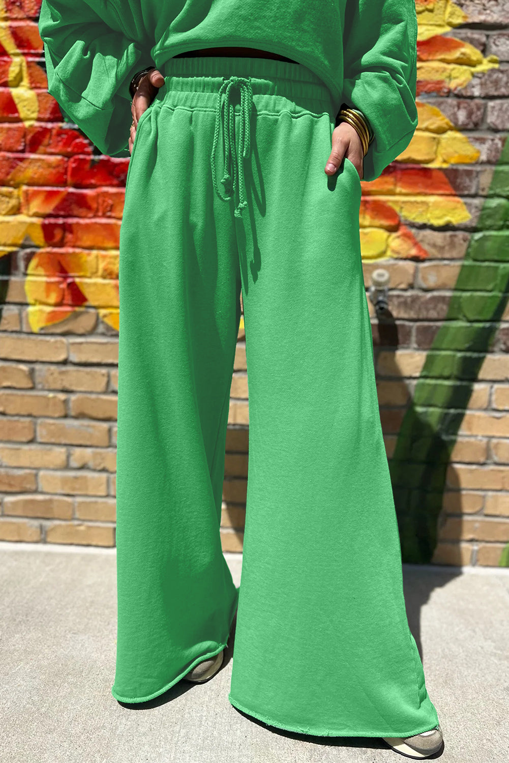 Bright Green Crop Pullover Wide Leg Pants Set