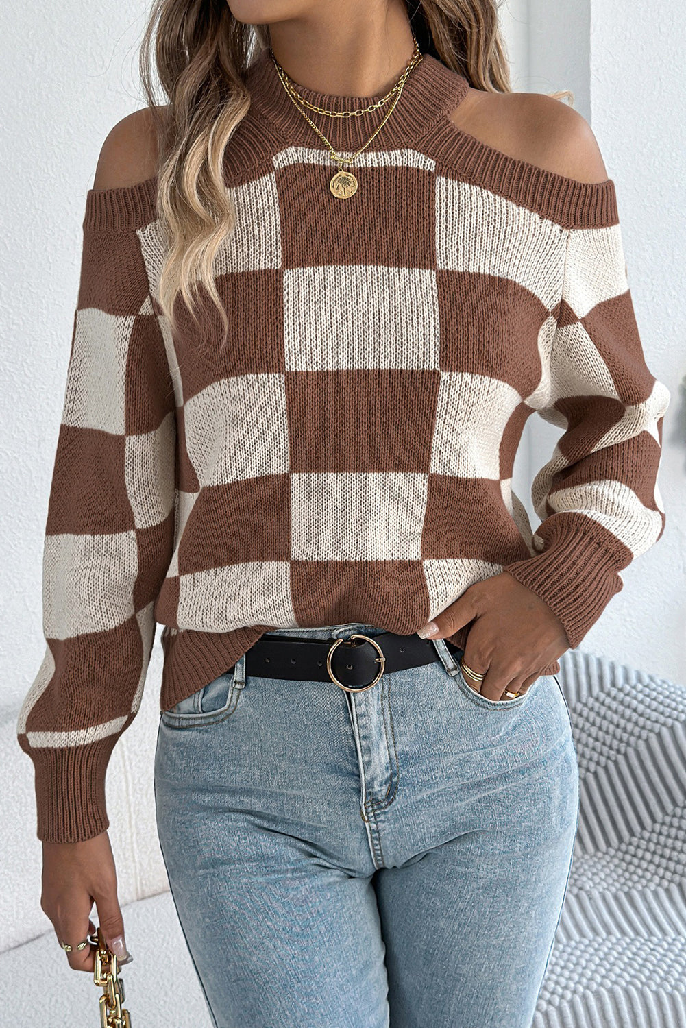 Brown Checkered Cold-Shoulder Sweater