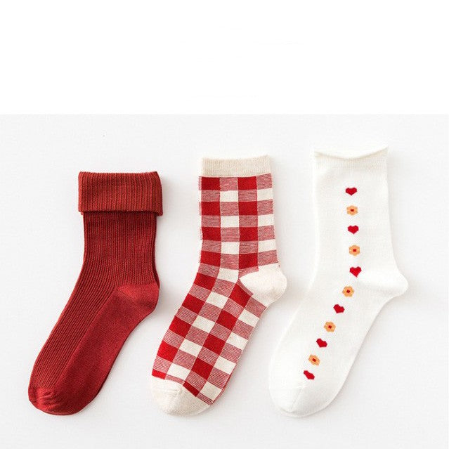 Red & White Checker, Heart, & Plain Lady's Socks