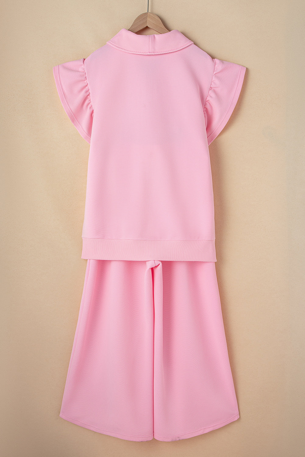 Pink Textured Flutter Sleeve Zipped Top and Wide Leg Capris Set