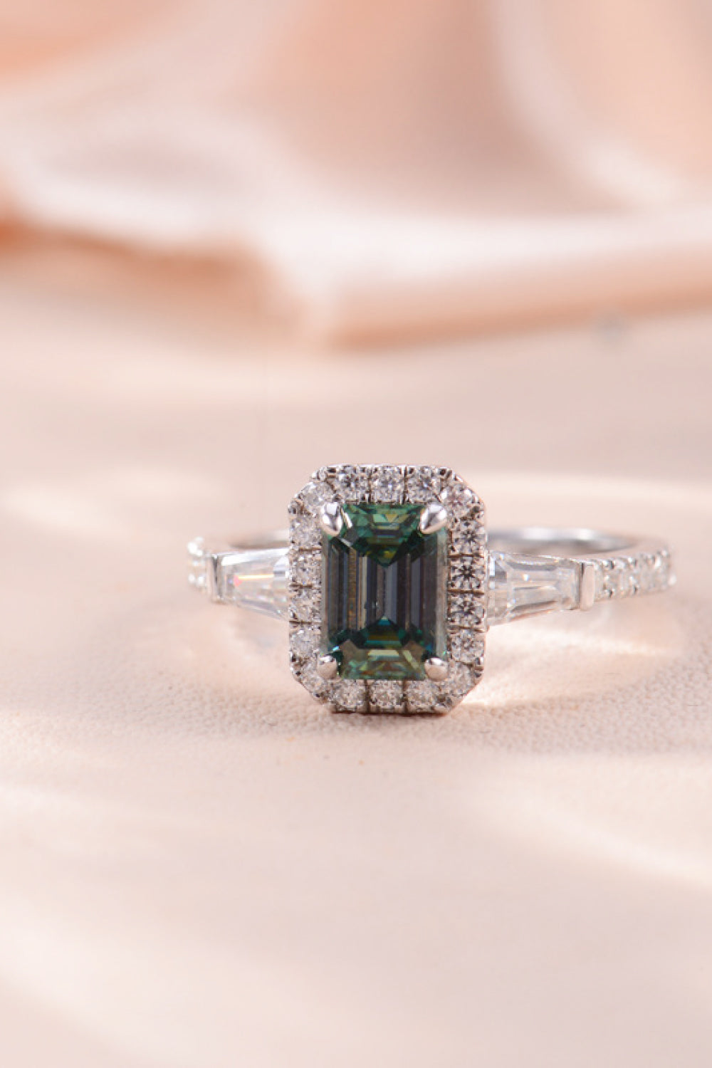 Green Emerald Cut Moissanite Ring