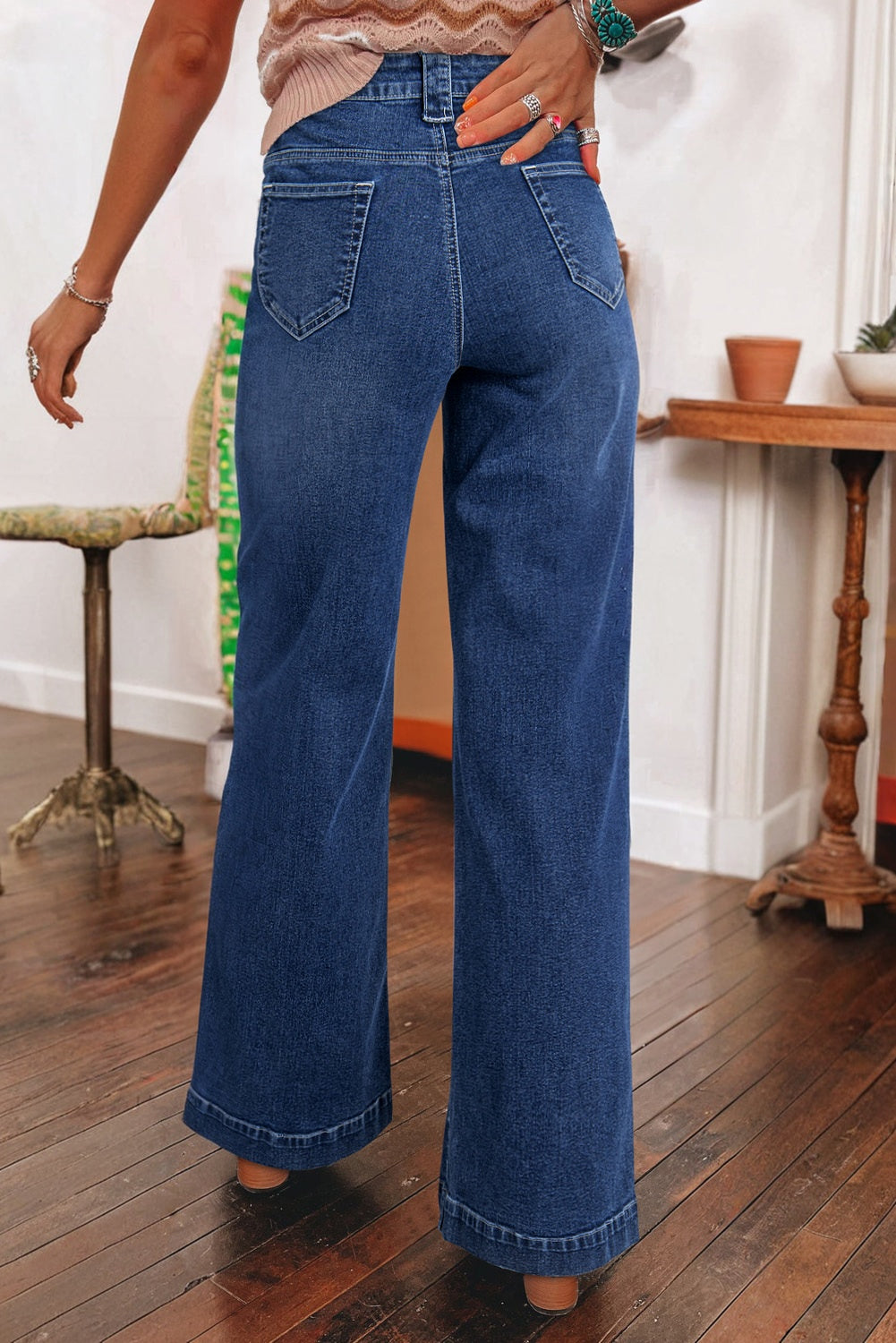 Blue Wide Leg Pocketed High Waist Jeans