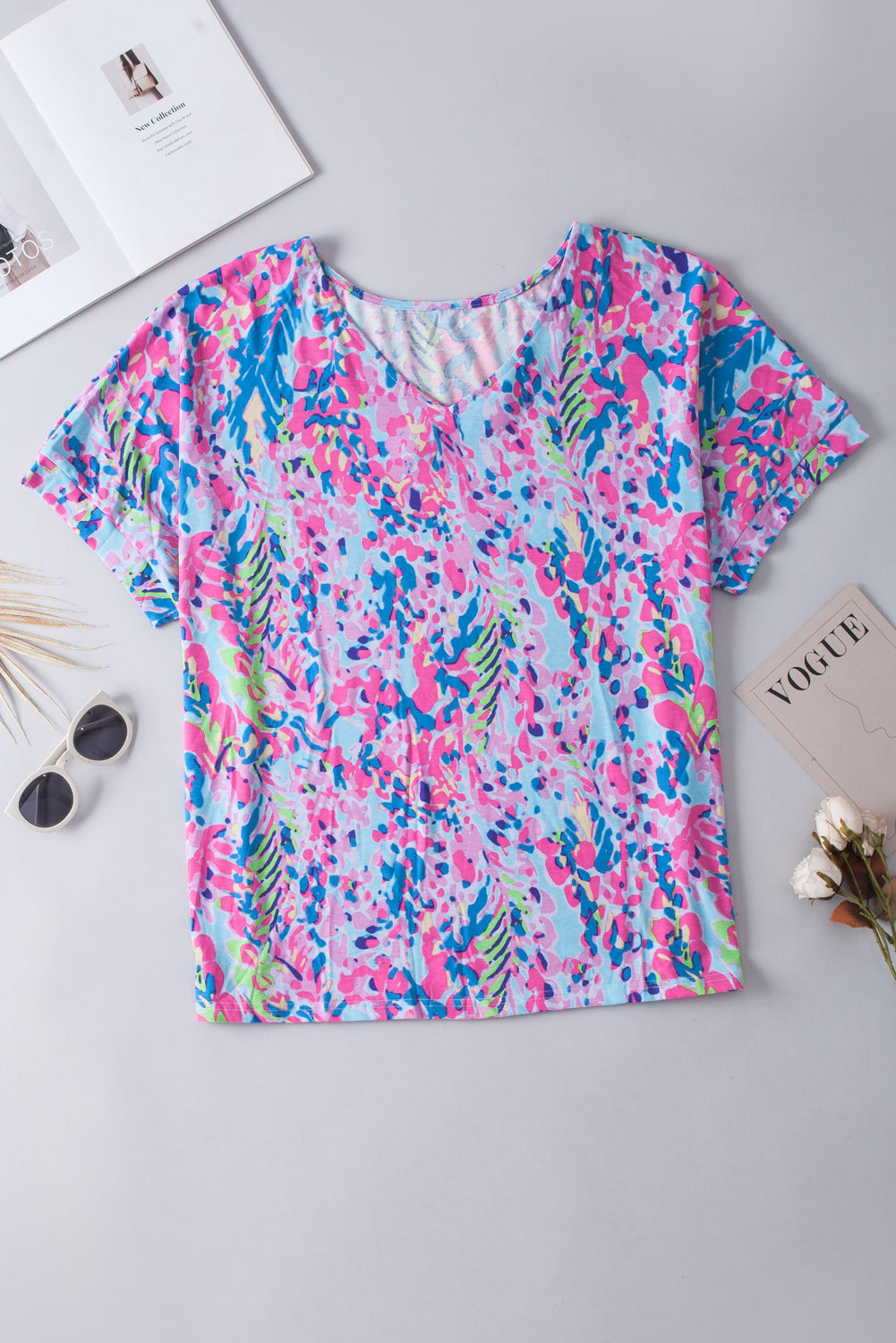 Multicolor Printed 3/4 Sleeve Split Neck Plus Size Tunic Top