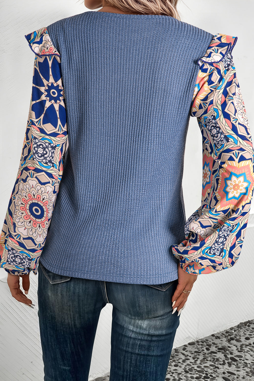 Blue Floral Sleeve Waffle Knit Blouse