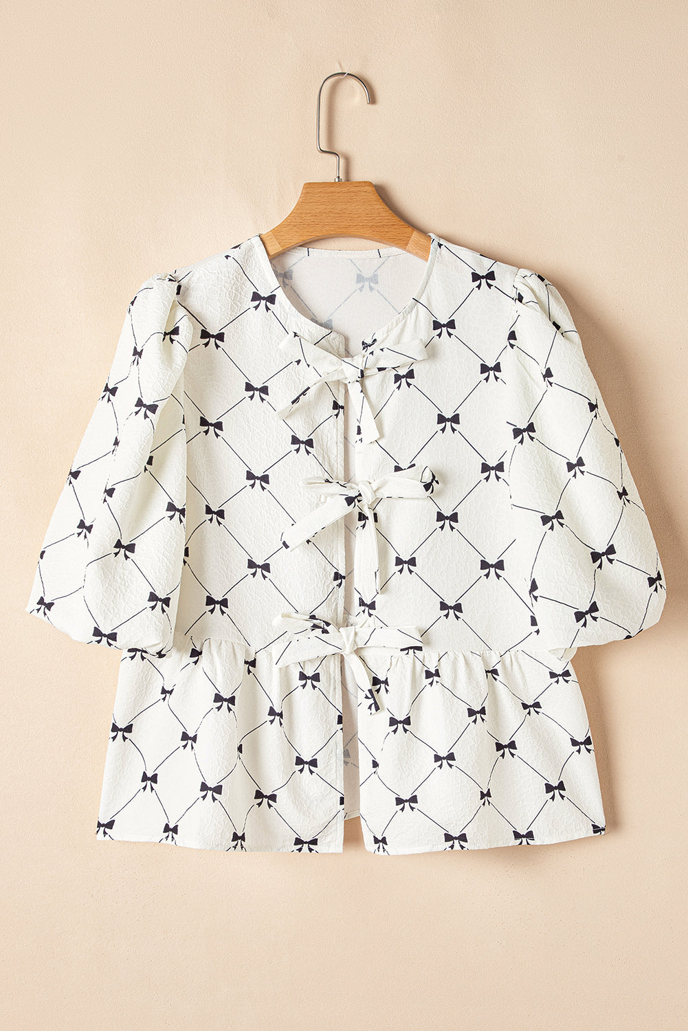 White Bow Print Front Tie Bubble Half Sleeve Blouse