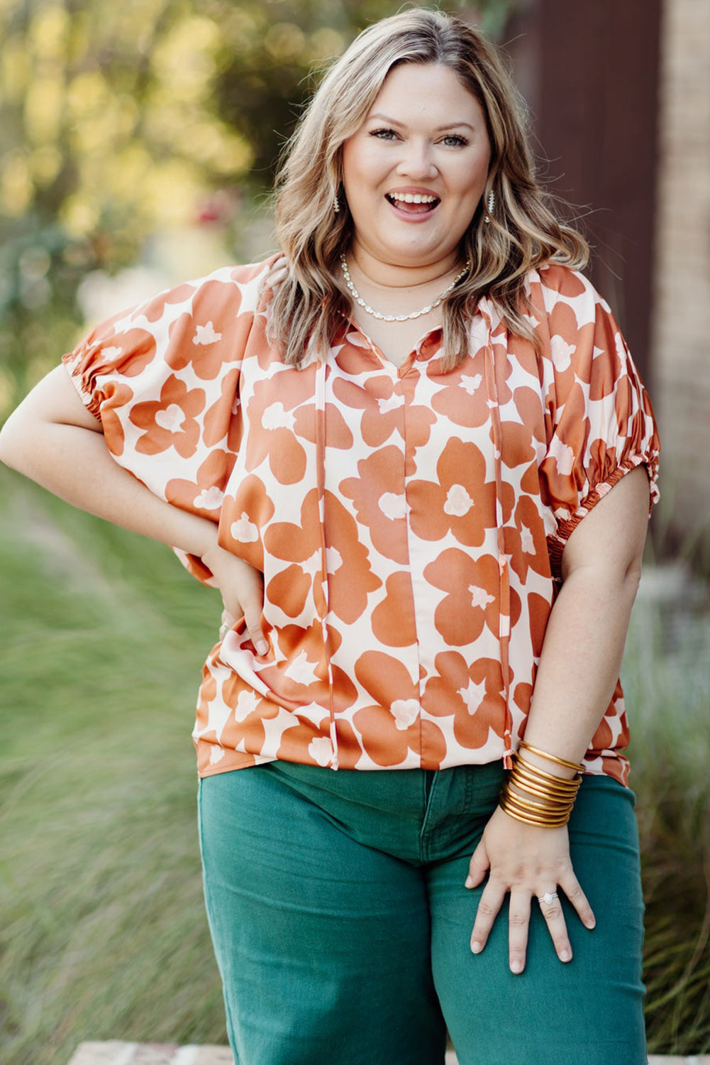 Orange Big Flower V Neck Short Sleeve Blouse