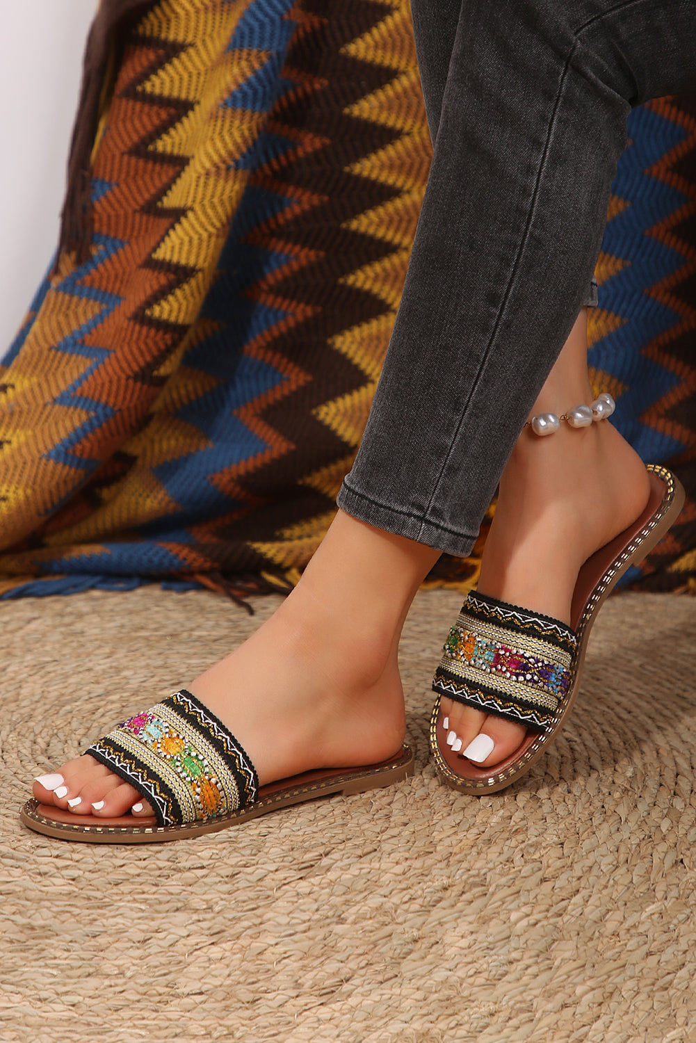 Boho Crocheted Faux Leather Slides
