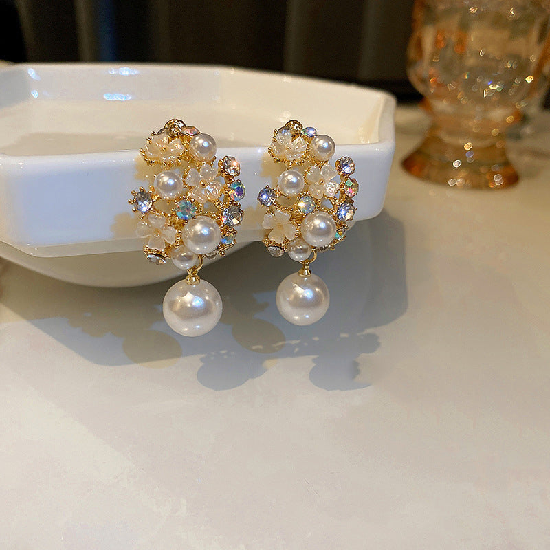 French Style Drop Pearl Flower Earrings