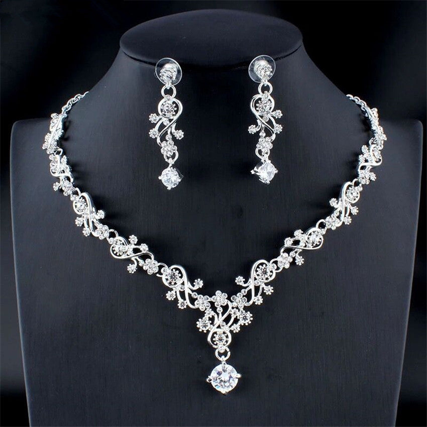 Floral Rhinestone Necklace Earring Sets