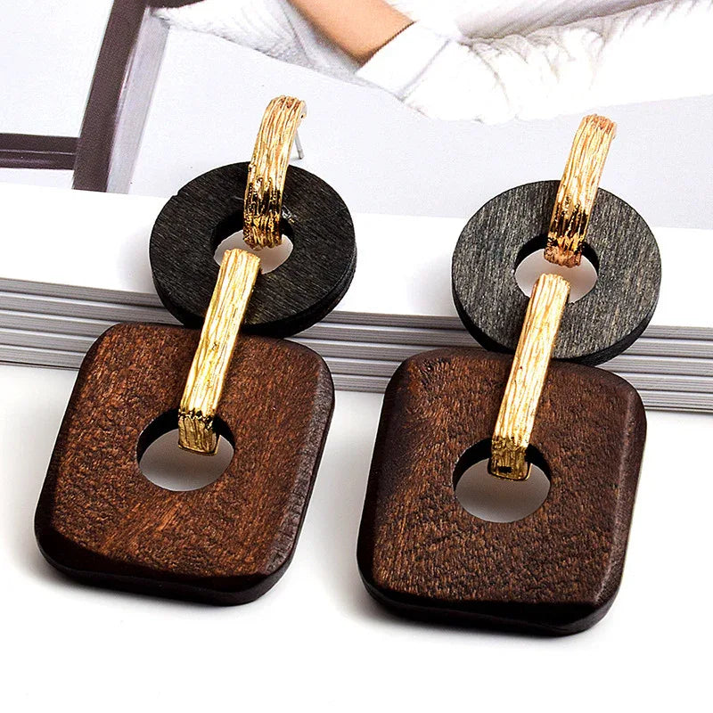 Wood Geo Hoop Earrings Bazaare Mart Wood Rectangle Drop Earrings