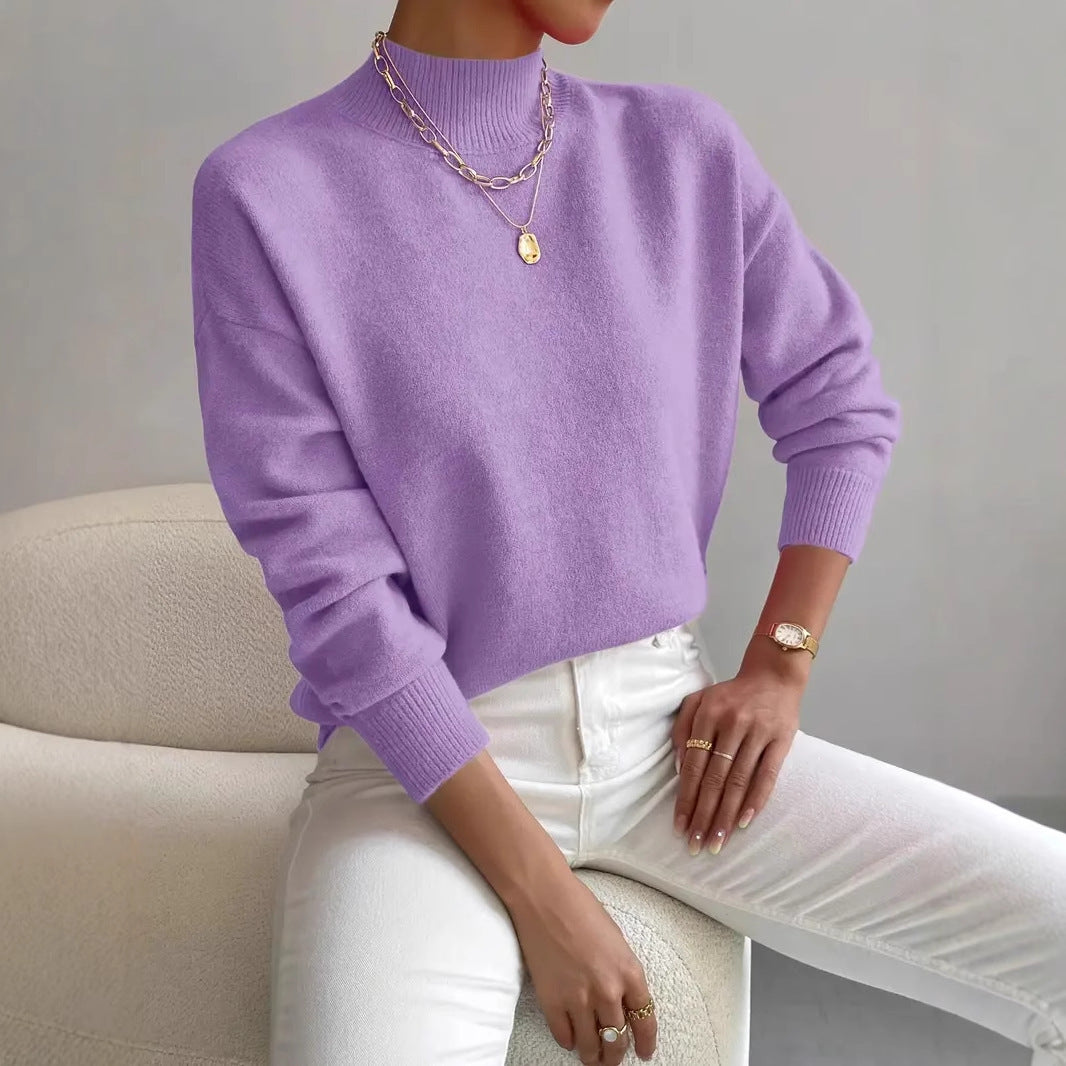 Elegant Solid Color Mock Neck Pullover Sweater