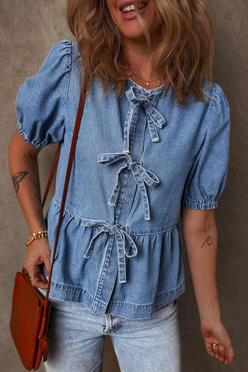 Blue Bow Front Bubble Sleeve Peplum Denim Shirt