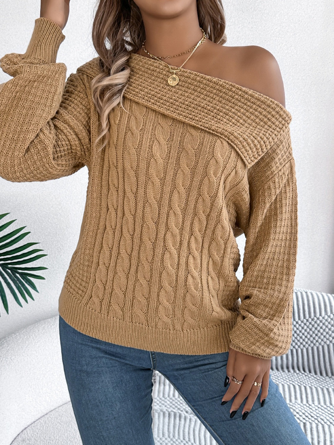 Cable-Knit Off Shoulder Long Sleeve Sweater