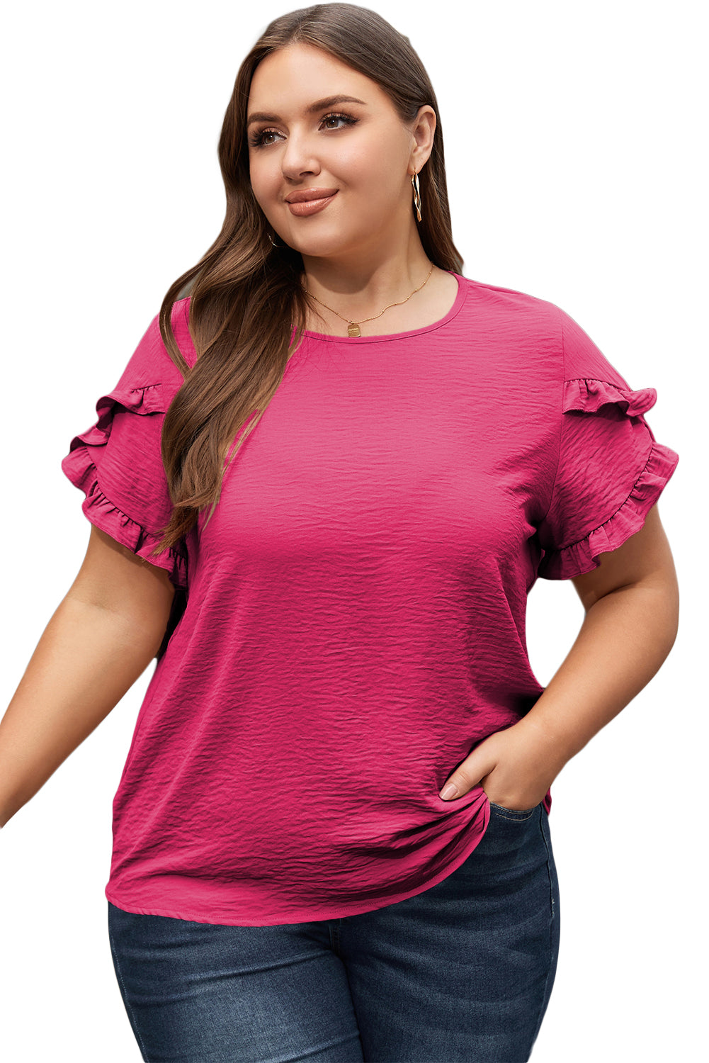 Bright Pink Ruffled Short Sleeve Top