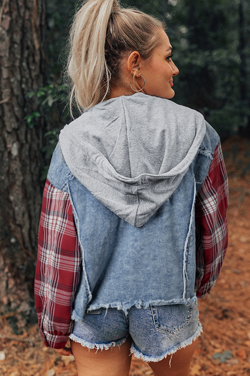 Blue Denim with Red Plaid Patchwork Hooded Raw Hem Jacket