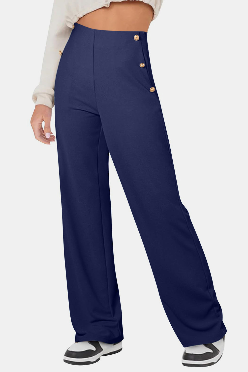 Decorative Side Button High Rise Pants