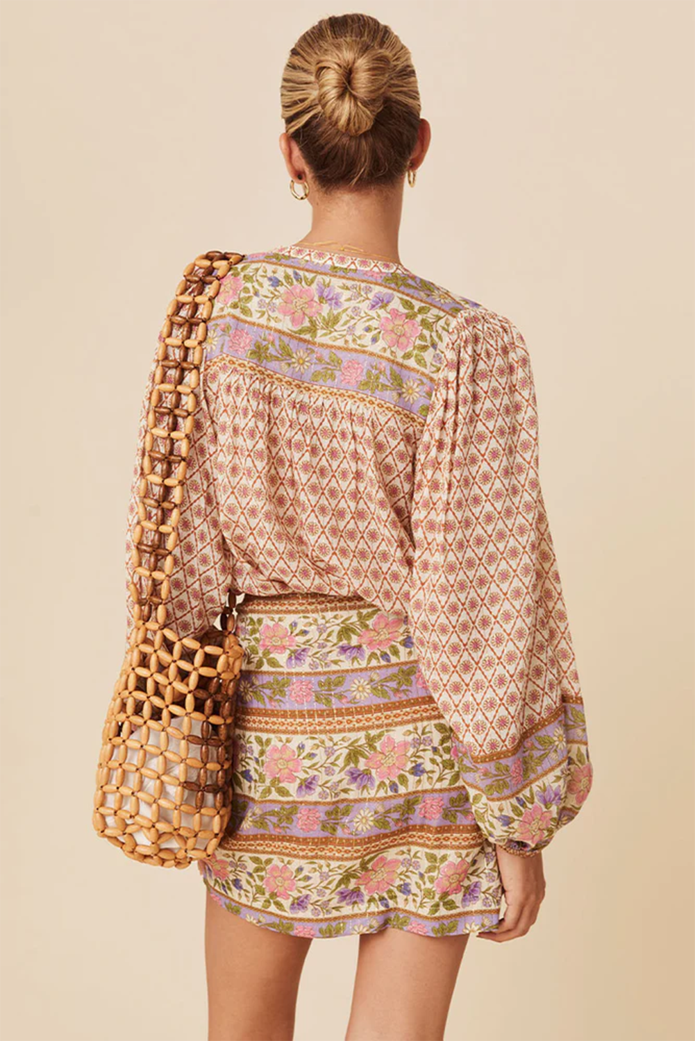 Boho Mixed Print Puff Sleeve Blouse