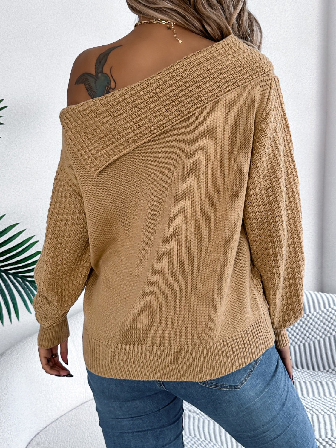 Cable-Knit Off Shoulder Long Sleeve Sweater