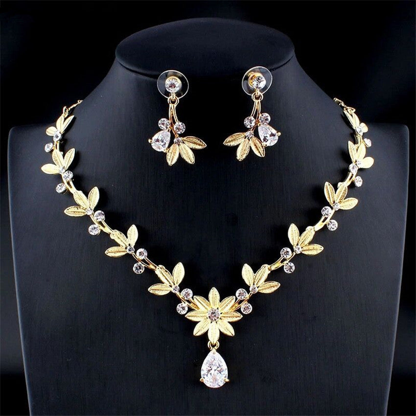 Floral Rhinestone Necklace Earring Sets