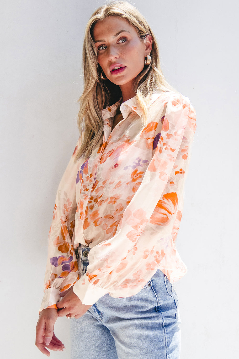 White Floral Long Balloon Sleeve Loose Blouse
