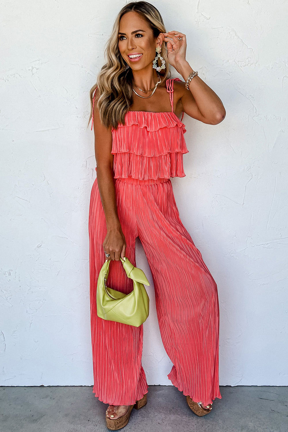 Orange Ruffle Tiered Cami Pleated Wide Leg Pants Set
