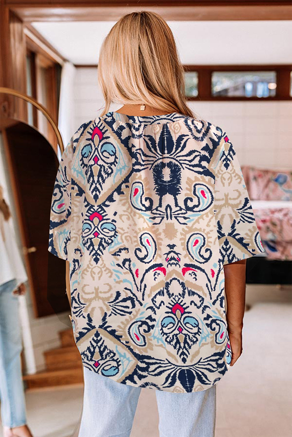Boho V Neck Half Sleeve Blouse