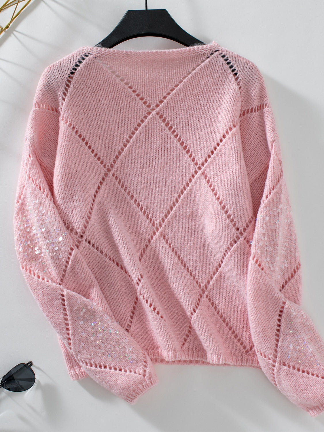 Openwork Round Neck Long Sleeve Pullover Sweater