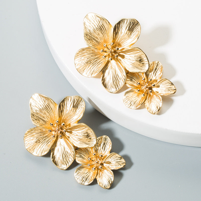 Gold Double Flower Earrings