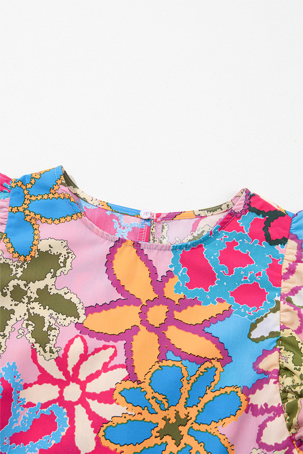 Vibrant Floral Print Trimmed Ruffle Sleeve Blouse