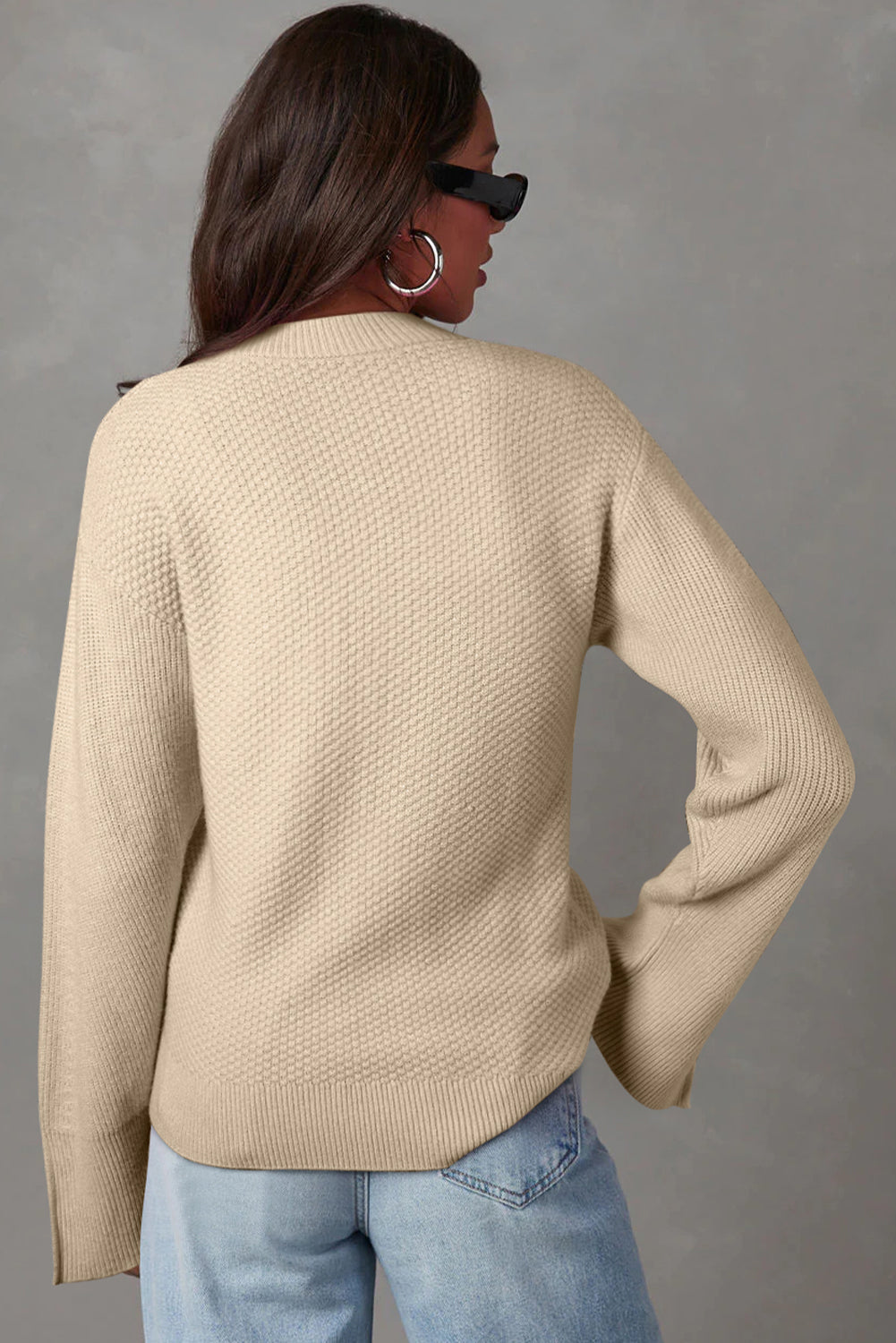 Parchment Textured Knit Split Cuff Drop Shoulder Loose Sweater