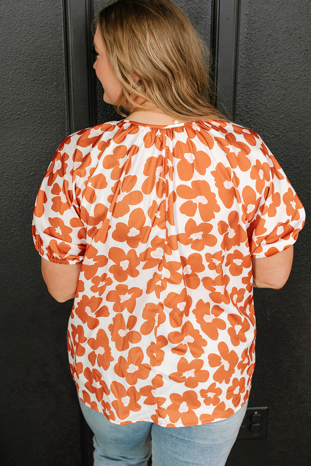 Back of Orange Big Flower V Neck Short Sleeve Blouse