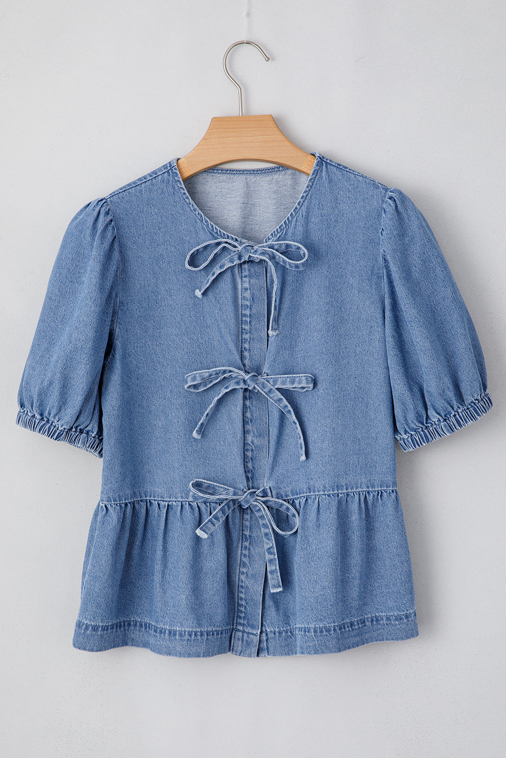Blue Bow Front Bubble Sleeve Peplum Denim Shirt