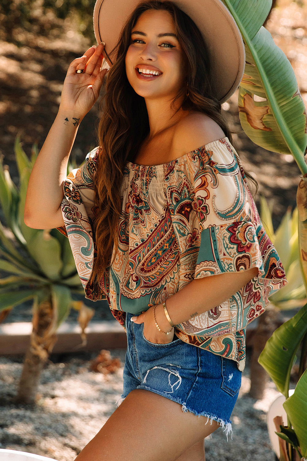 Apricot Paisley Off Shoulder Ruffled Blouse