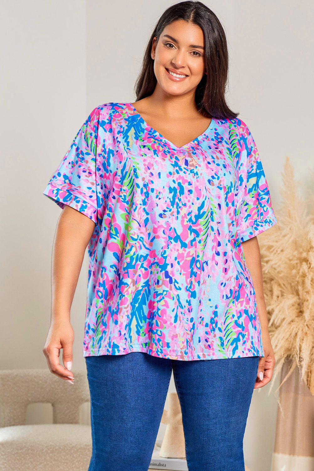 Multicolor Printed 3/4 Sleeve Split Neck Plus Size Tunic Top