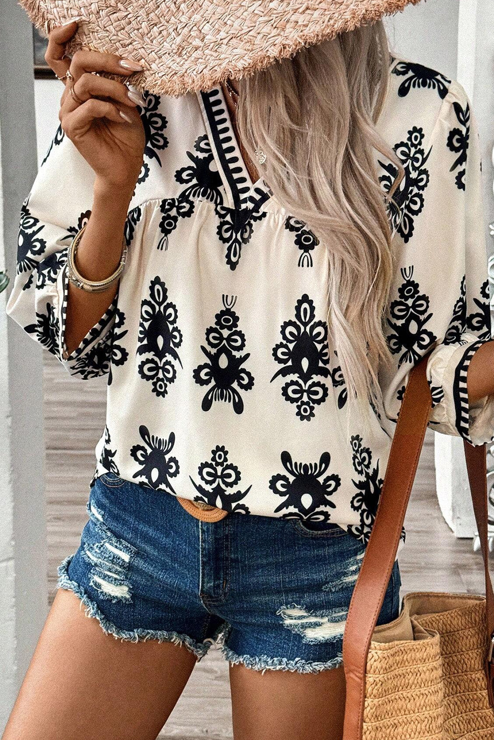 Beige Vintage Geo 3/4 Sleeve V Neck Blouse