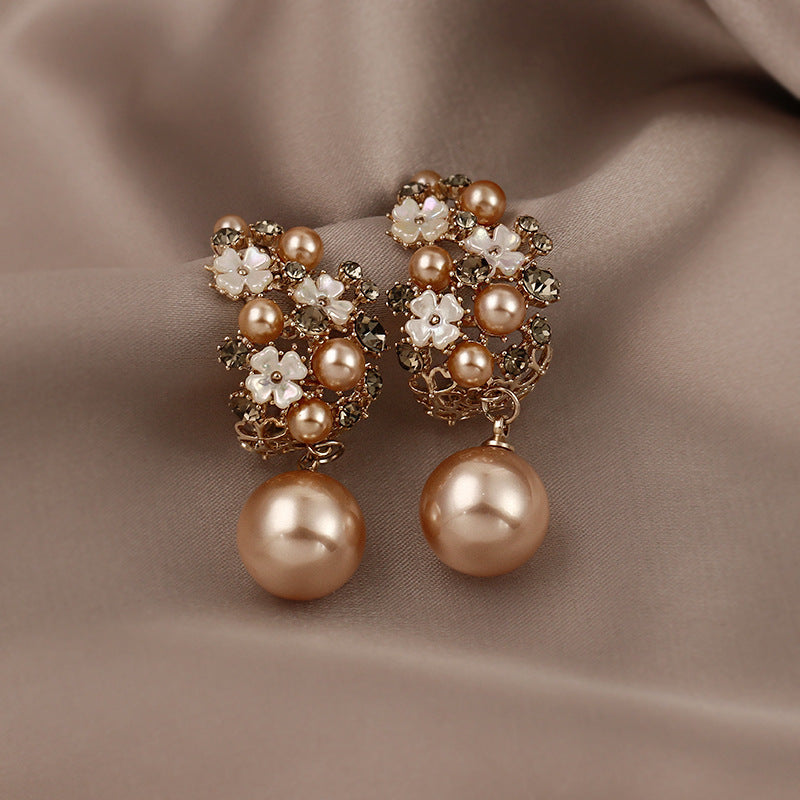 French Style Drop Pearl Flower Earrings