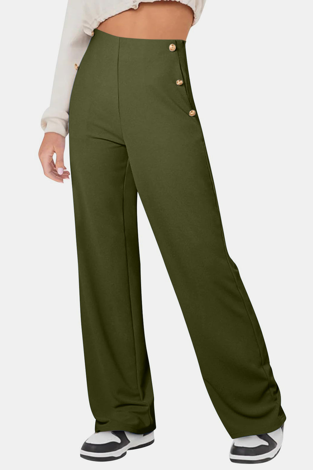Decorative Side Button High Rise Pants